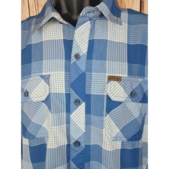 Orvis Mens Short Sleeve Blue Plaid Shirt Large Two-Pocket - Picture 3 of 8